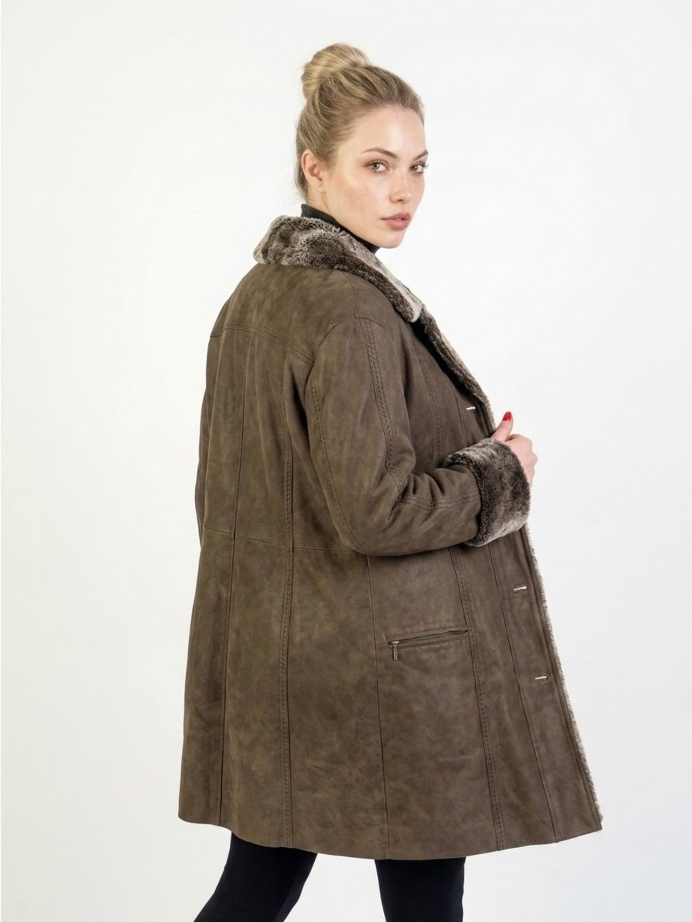 FEN-NELLI SIGNATURE BROWN LEATHER FAUX FUR LINED COAT SIZE 15/16 WOMAN